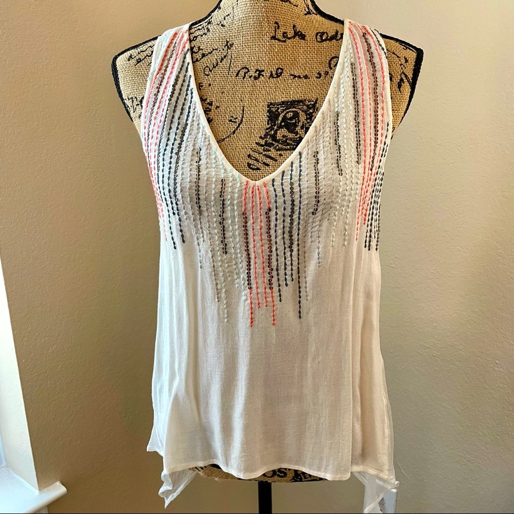 WILLOW & CLAY : Boho Tank XS/S Embellished Flowy Festival Sheer Racerback